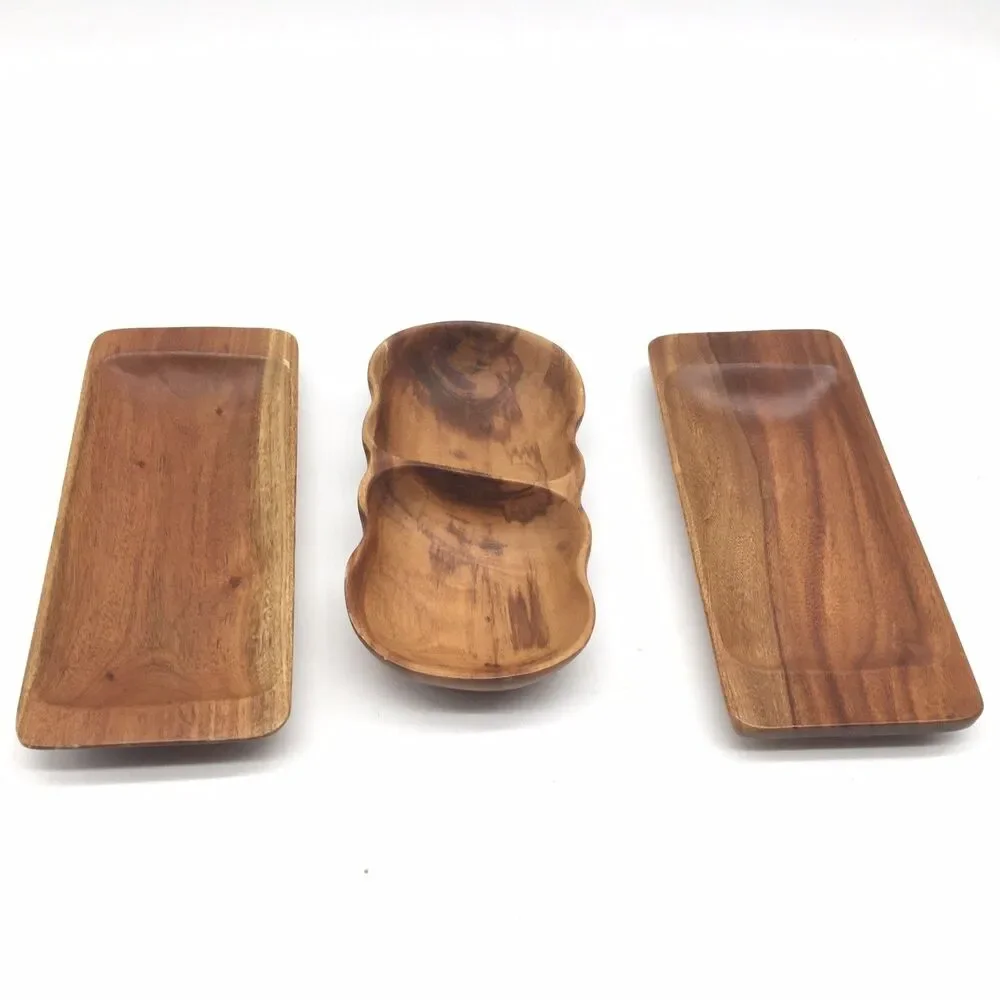 Vtg MCM 3 Hawaiian Kamani Carved Exotic Oblong Wood Bowls Scalloped 9” Divided